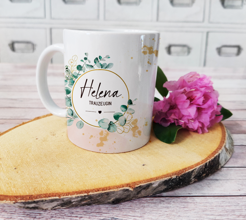 Personalisierte Tasse Trauzeugin mit botanischem Motiv